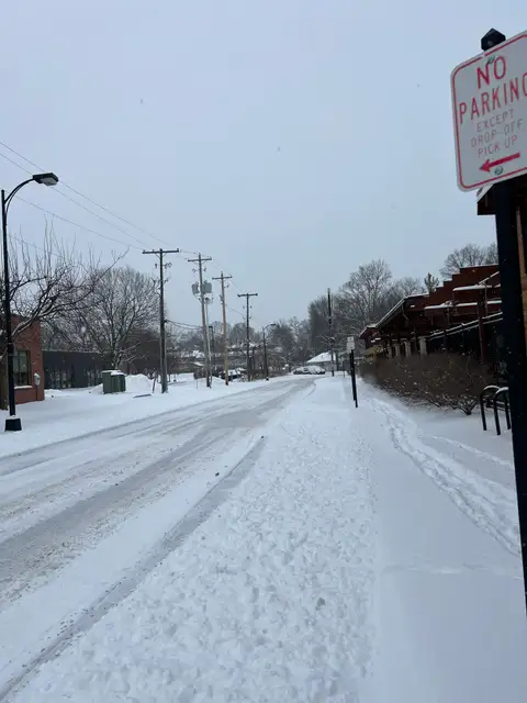 Snow blankets the street in a serene, silent hush.
